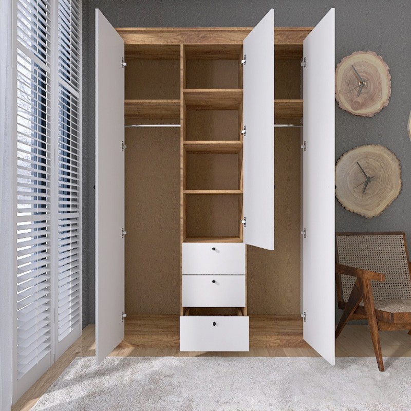 Шафа тридверна 1400 Нордик з шухлядами, Дуб Крафт Золотий, Білий Шафа тридверна 1400 Нордик з шухлядами, Дуб Крафт Золотий, Білий